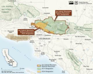 Map showing the 2014 and 2024 San Gabriel Mountains National Monument designations.
