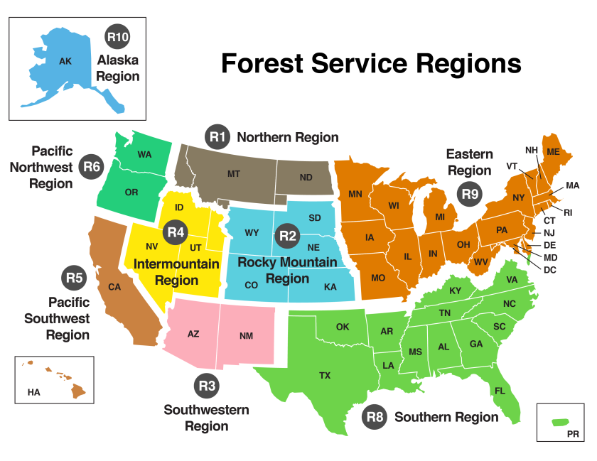 Forest Service Regions graphic with list below.